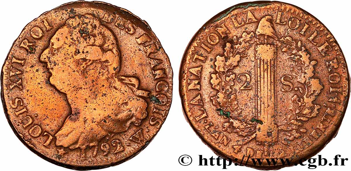 LOUIS XVI 2 sols dit  au faisceau , type FRANÇOIS 1792 Lille VF