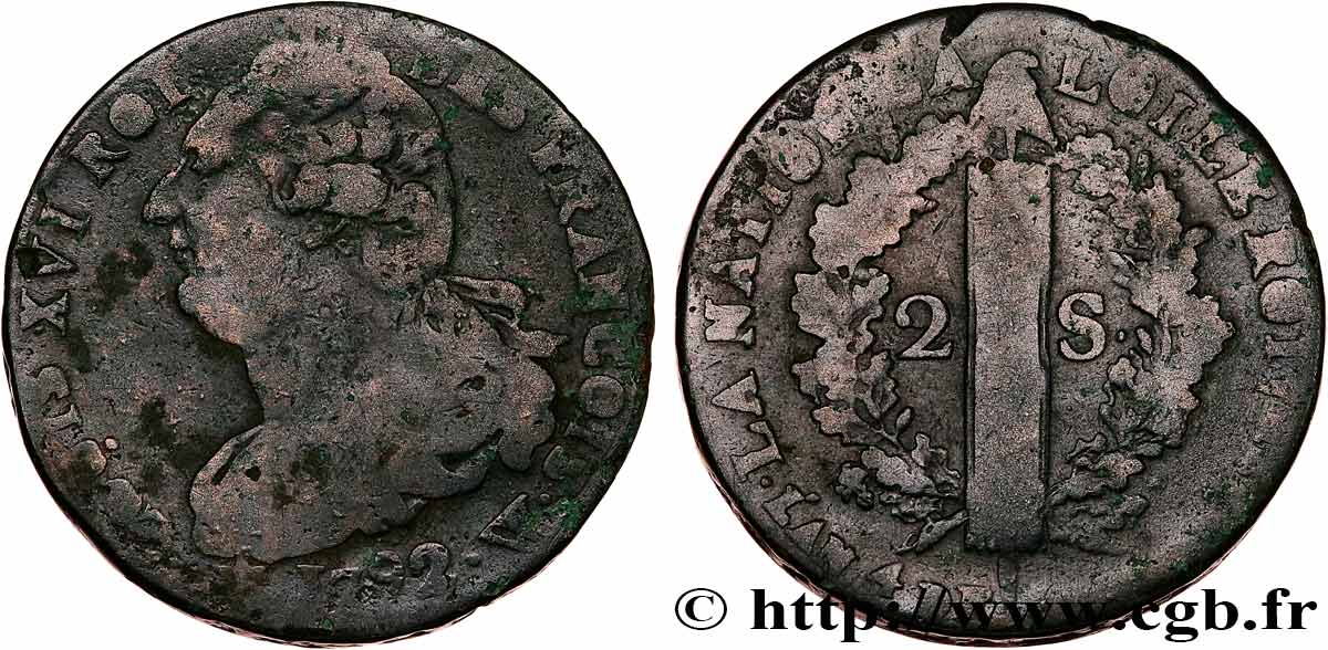 LOUIS XVI (MONARQUE CONSTITUTIONNEL)  2 sols dit  au faisceau , type FRANCOIS 1792 Lille TB