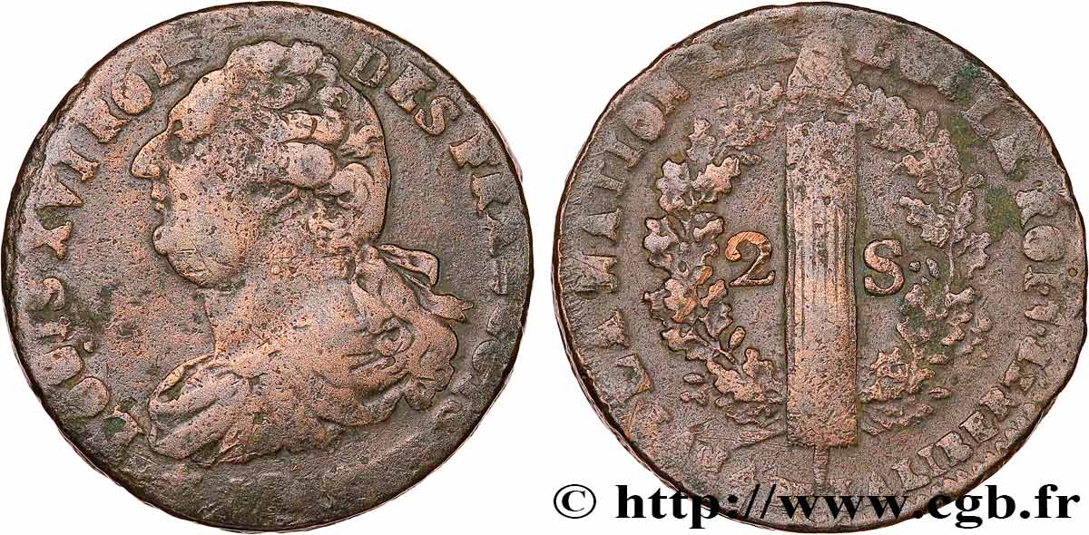 LOUIS XVI (MONARQUE CONSTITUTIONNEL)  2 sols dit  au faisceau , type FRANCOIS 1792 Lille TB