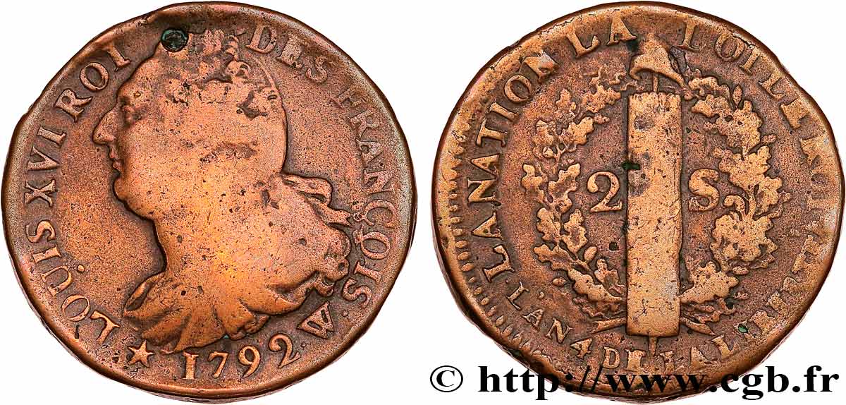 LOUIS XVI (MONARQUE CONSTITUTIONNEL)  2 sols dit  au faisceau , type FRANÇOIS 1792 Lille TB+