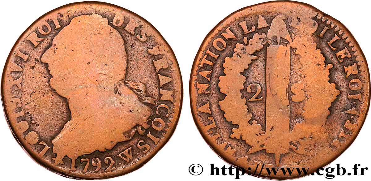 LOUIS XVI (MONARQUE CONSTITUTIONNEL)  2 sols dit &nbsp;au faisceau&nbsp;, type FRANCOIS 1792 Lille B+