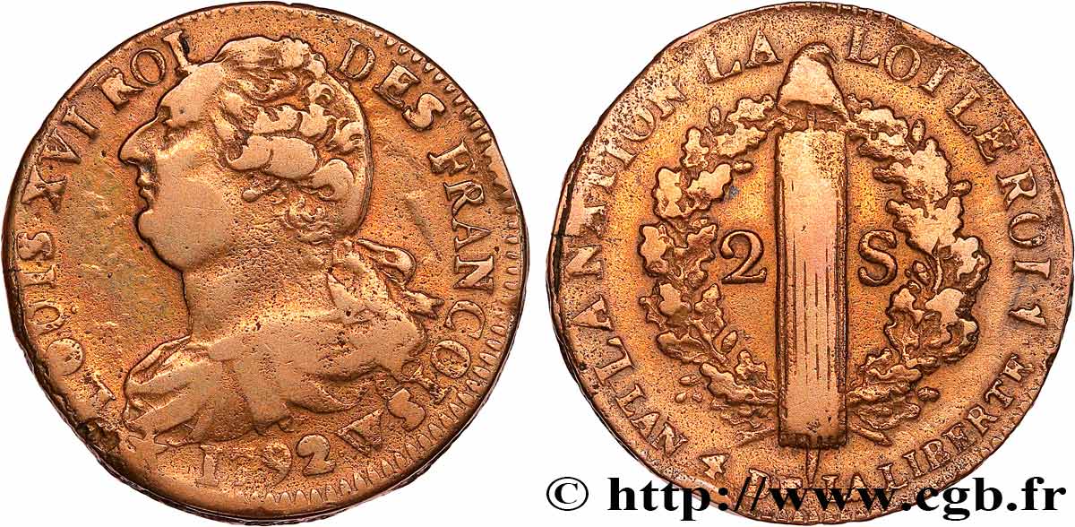 LOUIS XVI (MONARQUE CONSTITUTIONNEL)  2 sols dit  au faisceau , type FRANÇOIS 1792 Lille TB+