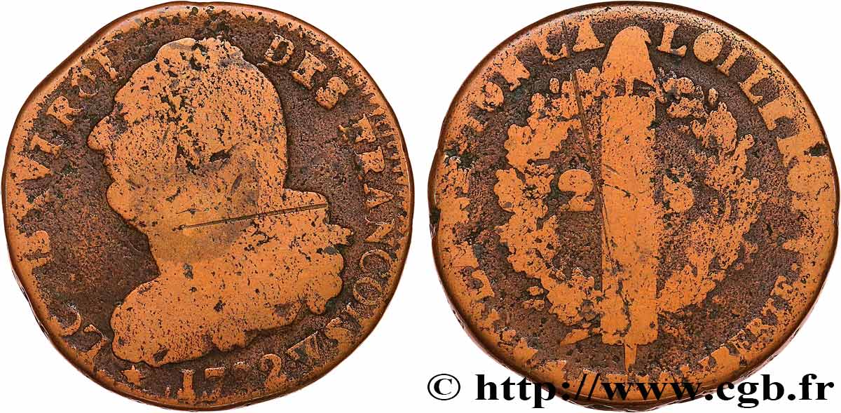LOUIS XVI (MONARQUE CONSTITUTIONNEL)  2 sols dit  au faisceau , type FRANÇOIS 1792 Lille B+