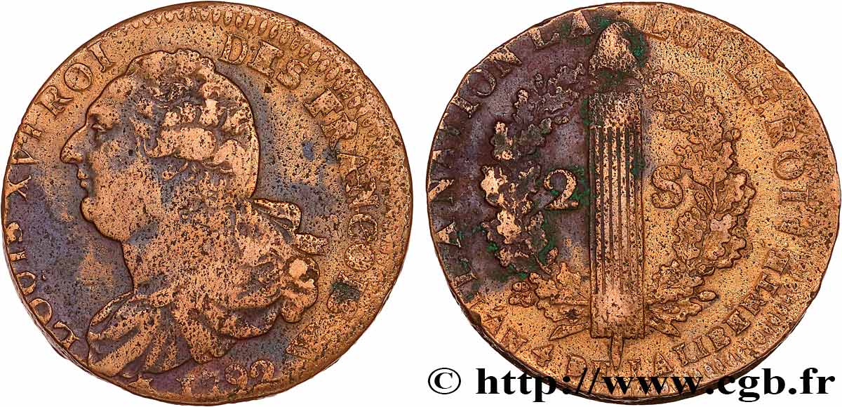 LOUIS XVI (MONARQUE CONSTITUTIONNEL)  2 sols dit  au faisceau , type FRANCOIS 1792 Lille TB+