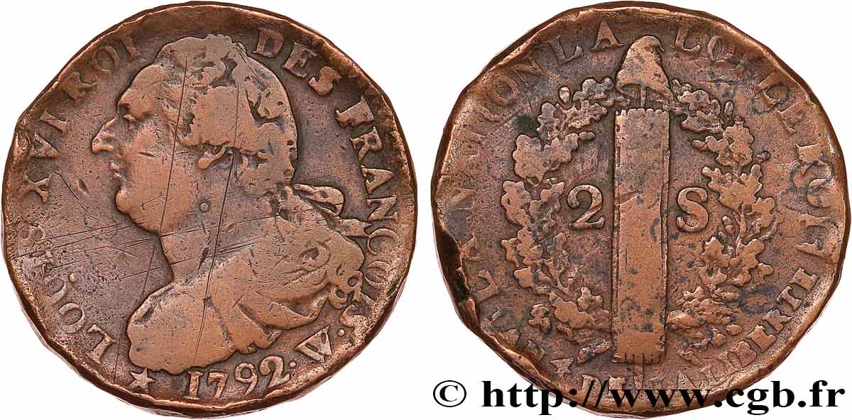 LOUIS XVI (MONARQUE CONSTITUTIONNEL)  2 sols dit  au faisceau , type FRANCOIS 1792 Lille TB