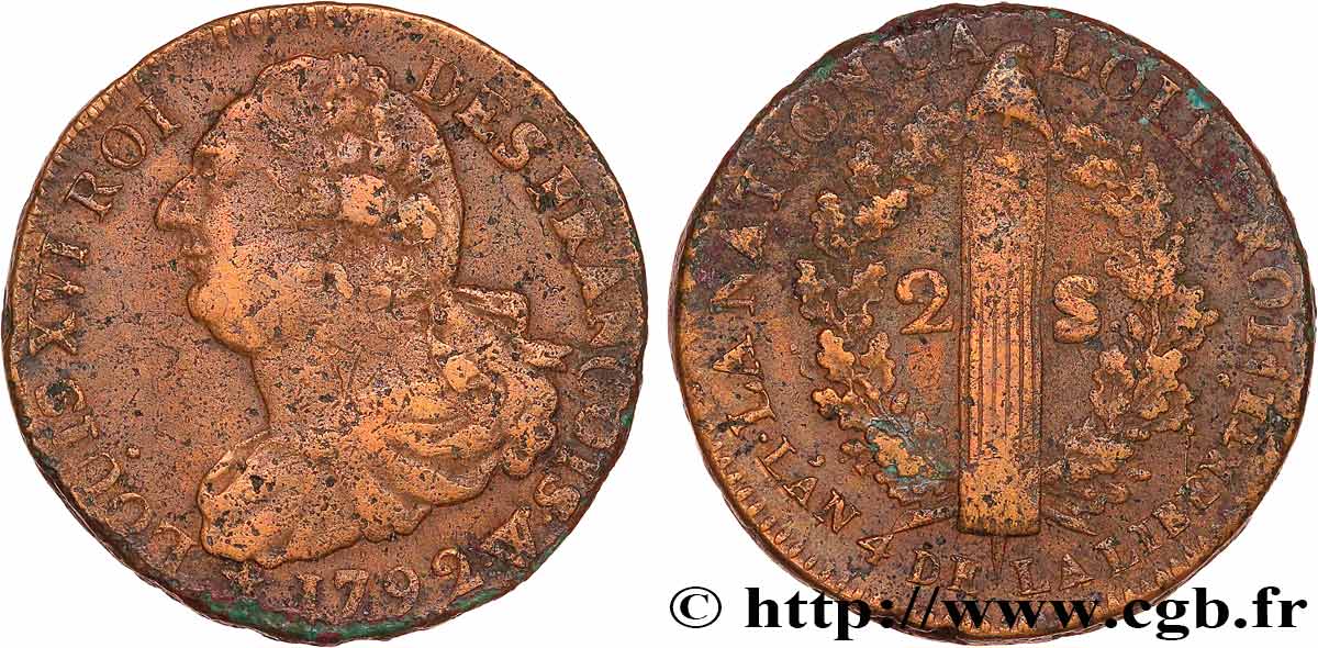 LOUIS XVI (MONARQUE CONSTITUTIONNEL)  2 sols dit  au faisceau , type FRANÇOIS 1792 Lille TB+