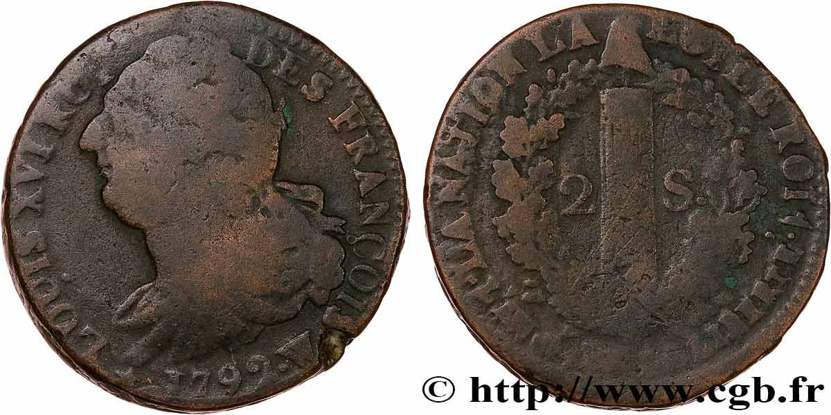 LOUIS XVI 2 sols dit  au faisceau , type FRANÇOIS 1792 Lille q.MB