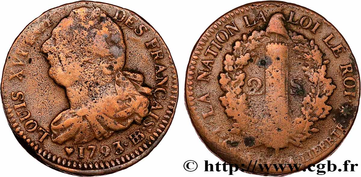 LOUIS XVI (MONARQUE CONSTITUTIONNEL)  2 sols dit &nbsp;au faisceau&nbsp;, type FRANÇAIS 1793 Strasbourg TB