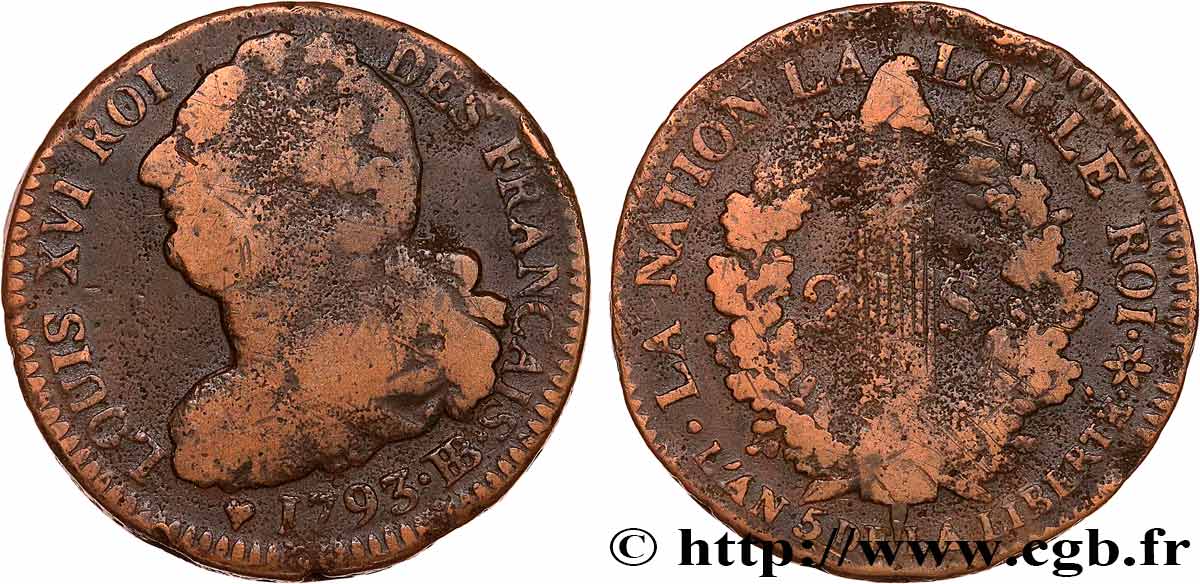 LOUIS XVI (MONARQUE CONSTITUTIONNEL)  2 sols dit &nbsp;au faisceau&nbsp;, type FRANÇAIS 1793 Strasbourg TB+