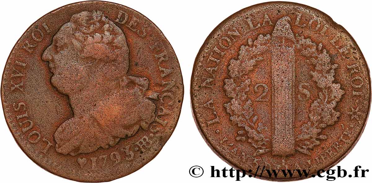 LOUIS XVI (MONARQUE CONSTITUTIONNEL)  2 sols dit &nbsp;au faisceau&nbsp;, type FRANÇAIS 1793 Strasbourg TB+