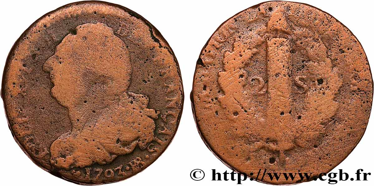 LOUIS XVI (MONARQUE CONSTITUTIONNEL)  2 sols dit  au faisceau , type FRANÇAIS 1793 Strasbourg B