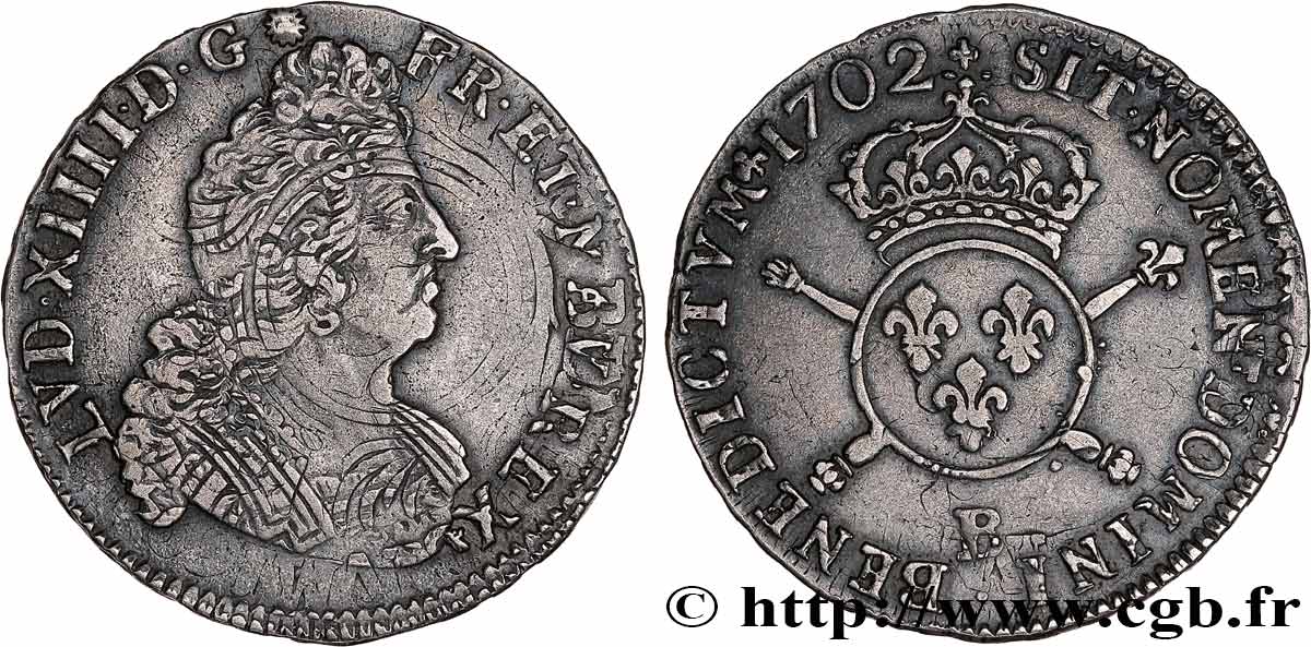 LOUIS XIV  THE SUN KING  Demi-écu aux insignes 1702 Rouen AU