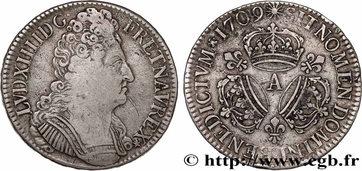 LOUIS XIV LE GRAND OU LE ROI SOLEIL Écu aux trois couronnes 1709 Paris TB+/TTB