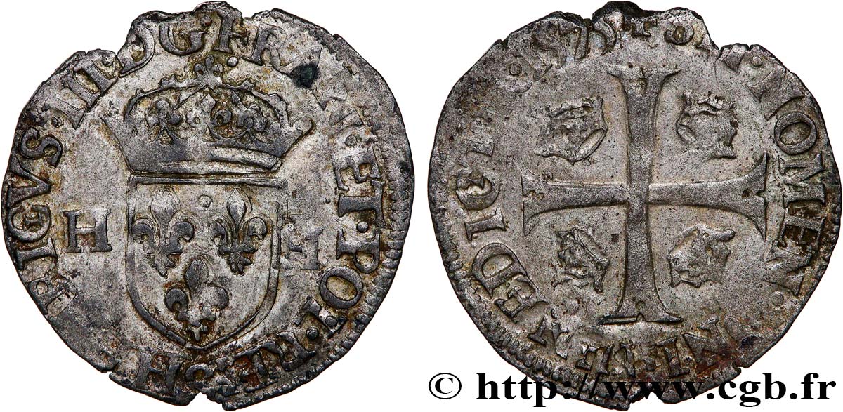 HENRY III Douzain aux deux H, 1er type 1575 Troyes VF