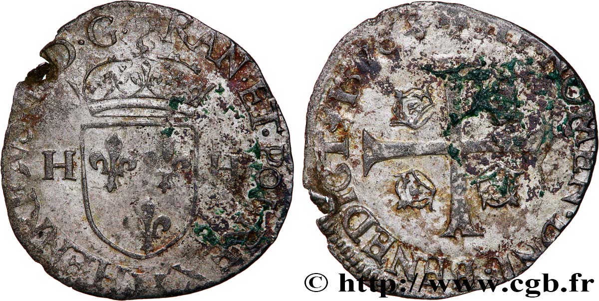 HENRY III Douzain aux deux H, 1er type 1576 La Rochelle VF