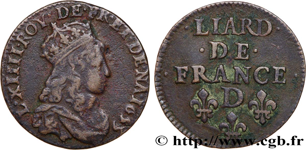 LOUIS XIV  THE SUN KING  Liard de cuivre, 2e type 1655 Vimy-en-Lyonnais (actuellement Neuville-sur-Saône) BC+