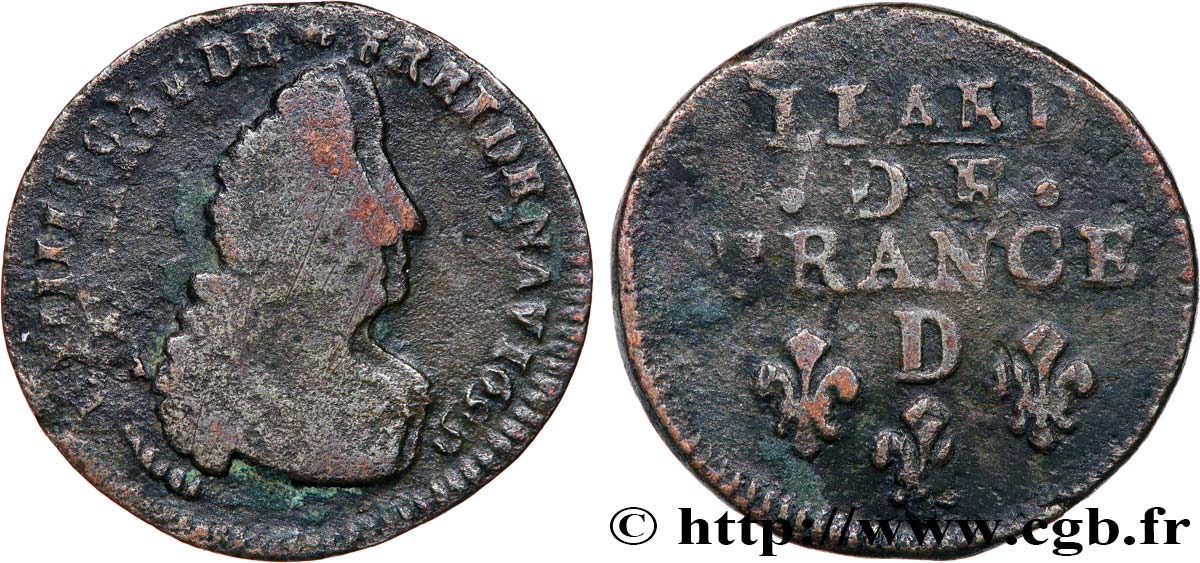 LOUIS XIV  THE SUN KING  Liard, 3e type, buste âgé 1699 Lyon VF