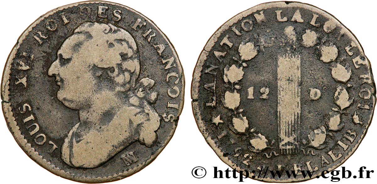 LOUIS XVI (MONARQUE CONSTITUTIONNEL)  12 deniers dit  au faisceau , type FRANCOIS 1792 Marseille TB