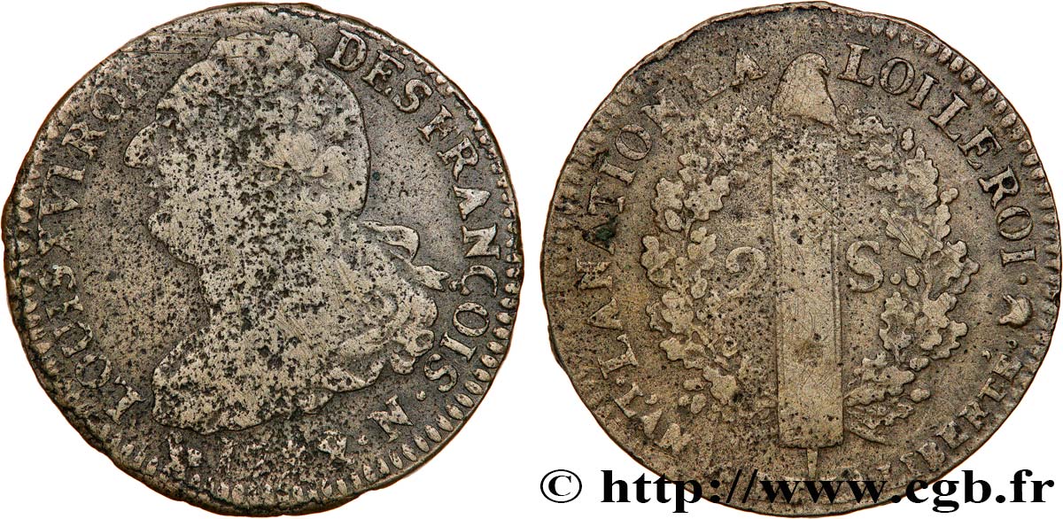 LOUIS XVI (MONARQUE CONSTITUTIONNEL)  2 sols dit  au faisceau , type FRANÇOIS 1792 Montpellier TB