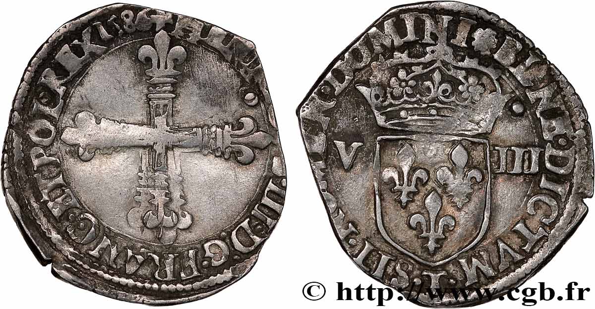 HENRY III Huitième d écu, croix de face 1586 Nantes SS
