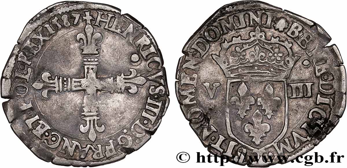 HENRY III Huitième d écu, croix de face 1587 Nantes SS