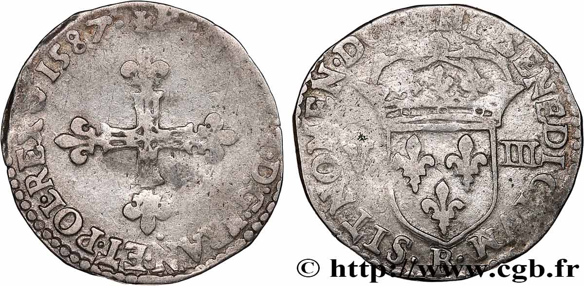 HENRI III Huitième d écu, croix de face 1587 Rouen TB+