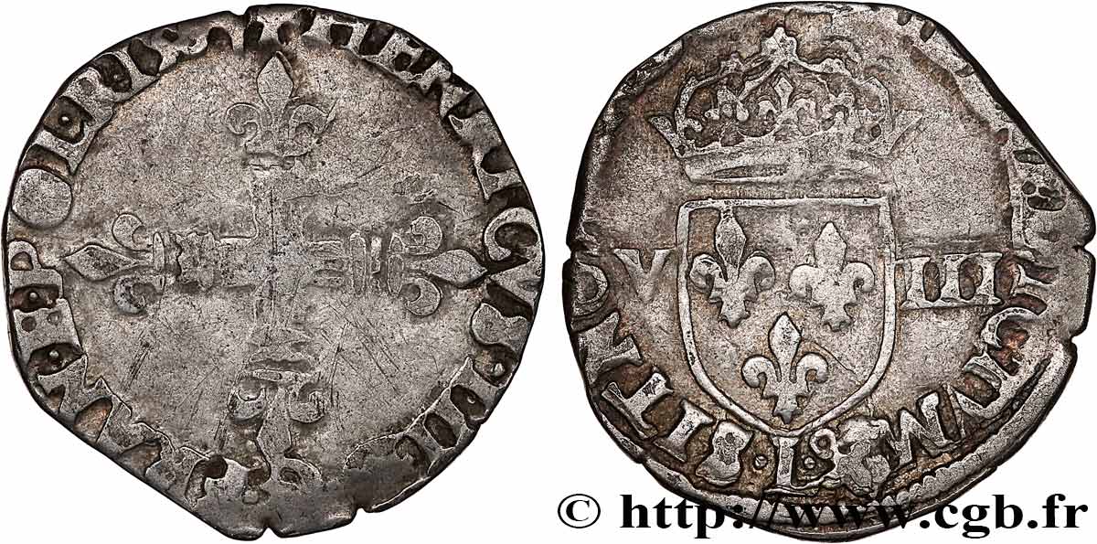 HENRI III Huitième d écu, croix de face 1587 Bayonne TB