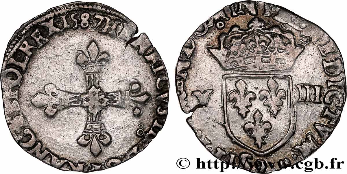 HENRI III Huitième d écu, croix de face 1587 Rennes TTB