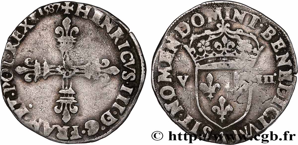 HENRY III Huitième d écu, croix de face 1587 Paris q.BB