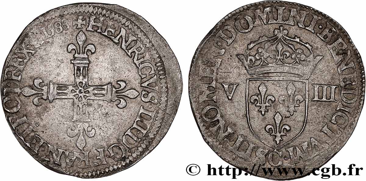 HENRY III Huitième d écu, croix de face 1588 Saint-Lô XF