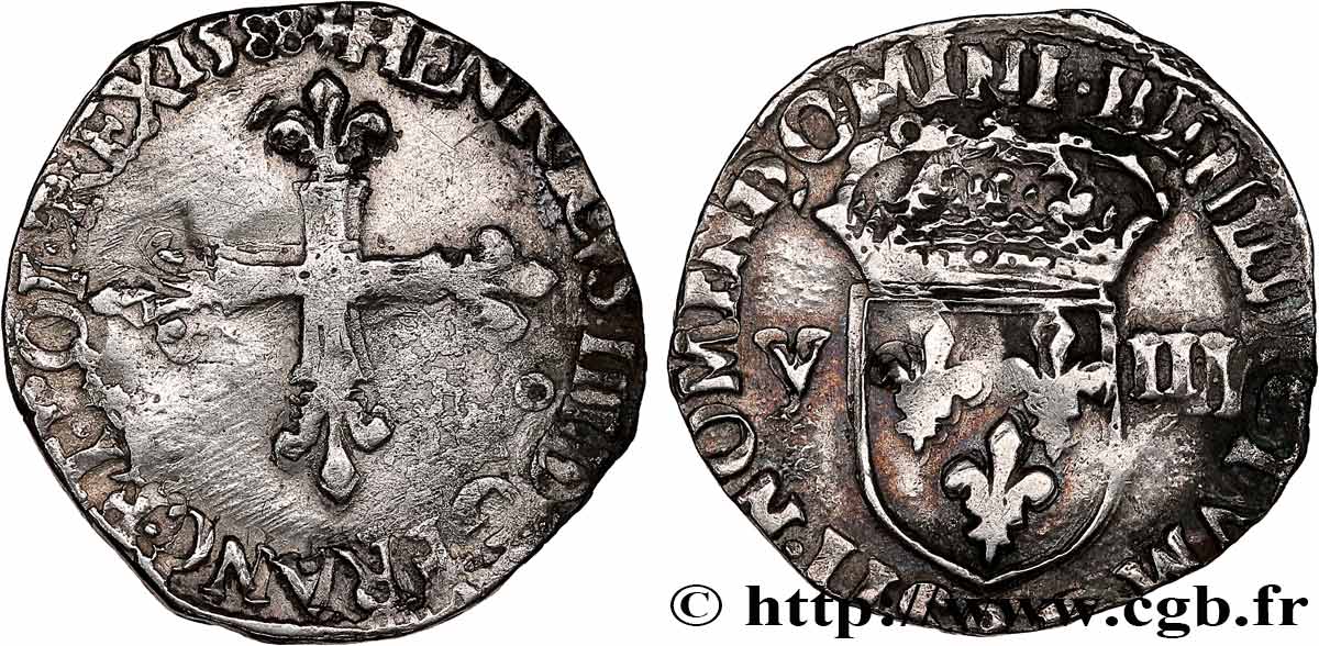 HENRY III Huitième d écu, croix de face 1588 Rennes VF