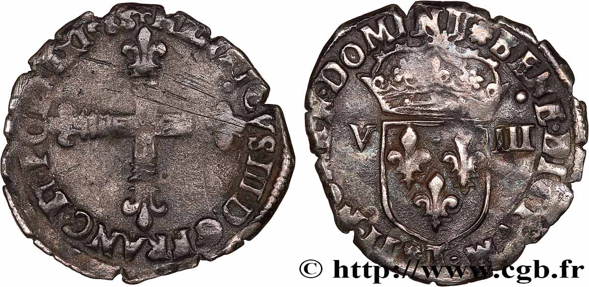 HENRY III Huitième d écu, croix de face 1588 Nantes MB/q.BB