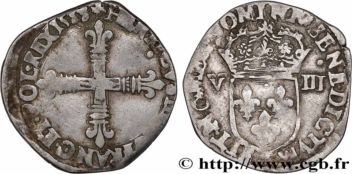 HENRI III Huitième d écu, croix de face 1588 Nantes TB