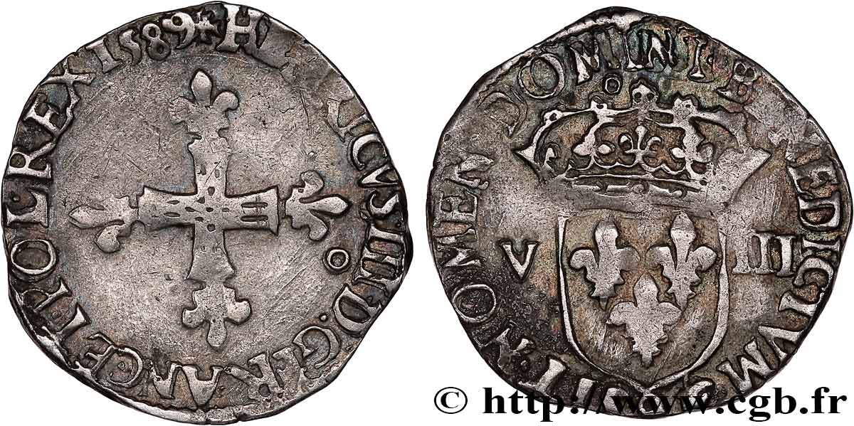 HENRI III Huitième d écu, croix de face 1589 Rennes TB+