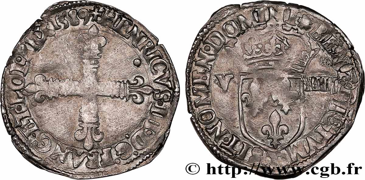 HENRI III Huitième d écu, croix de face 1589 Nantes TB+