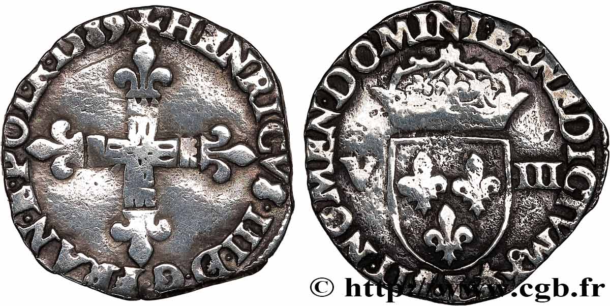 HENRI III Huitième d écu, croix de face 1589 Bayonne TB