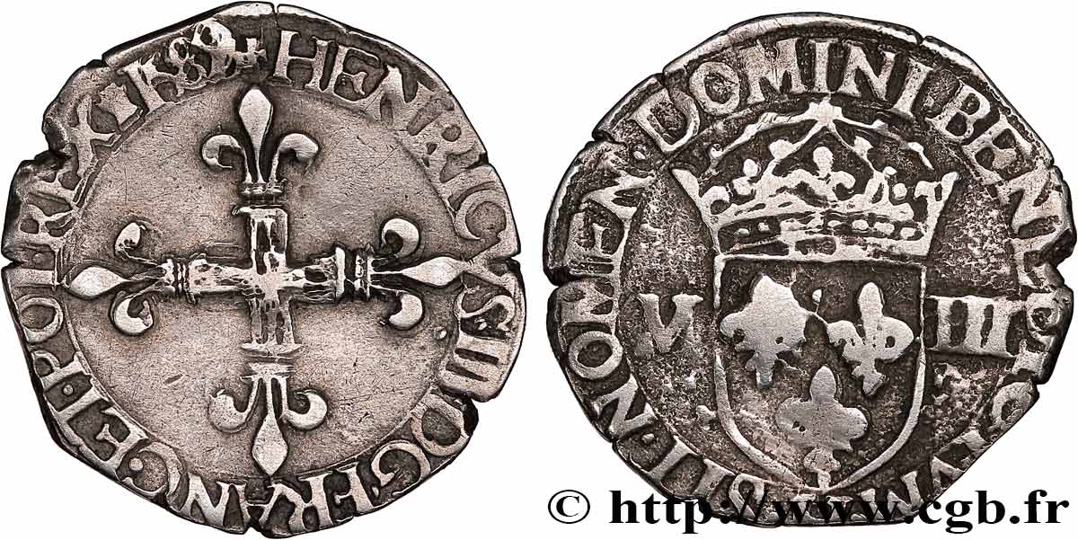 HENRY III Huitième d écu, croix de face 1589 La Rochelle XF/VF