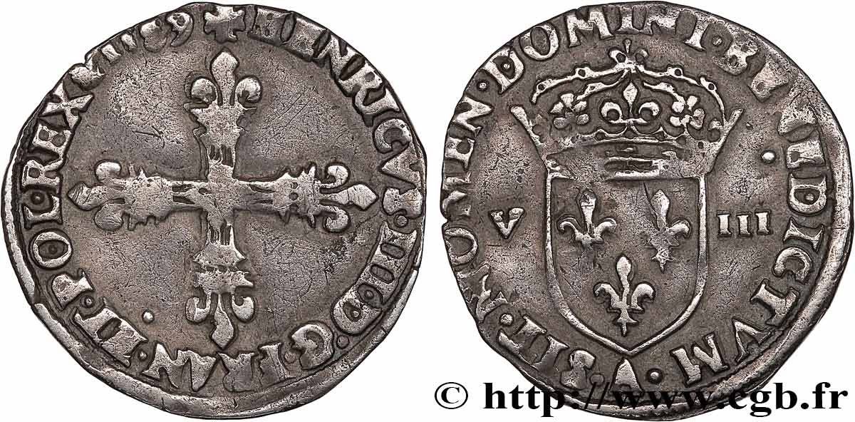 HENRI III Huitième d écu, croix de face 1589 Paris TB+