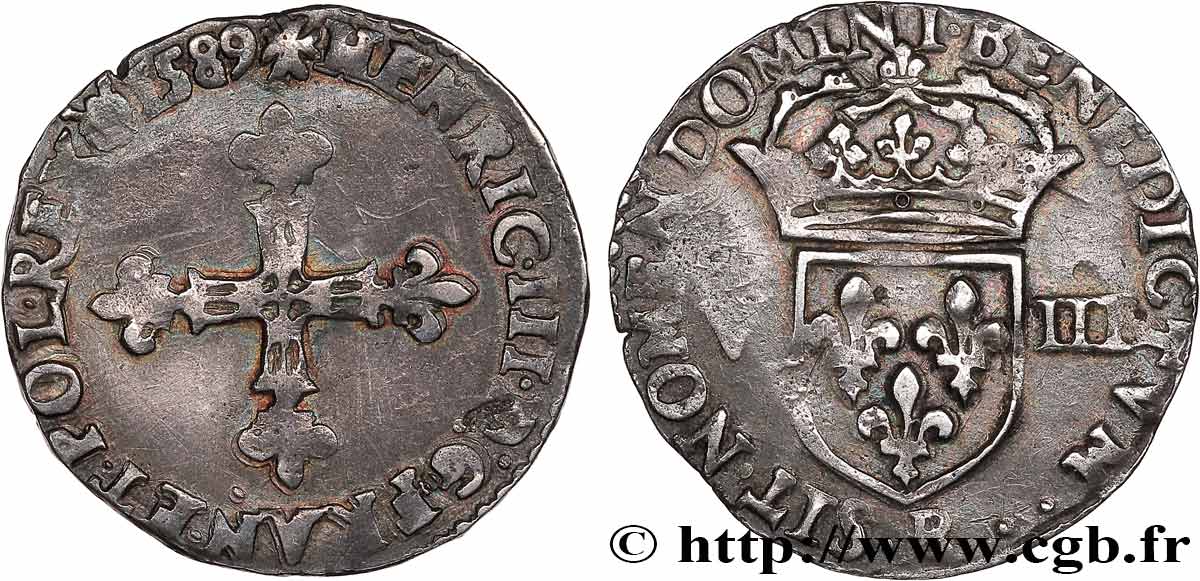 HENRI III Huitième d écu, croix de face 1589 Rouen TB+