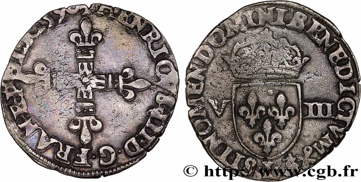 HENRI III Huitième d écu, croix de face 1590 Bayonne TB