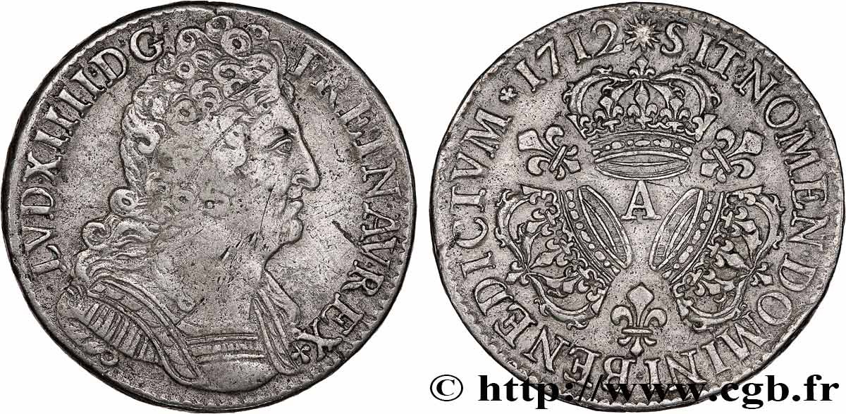 LOUIS XIV  THE SUN KING  Demi-écu aux trois couronnes 1712 Paris SS
