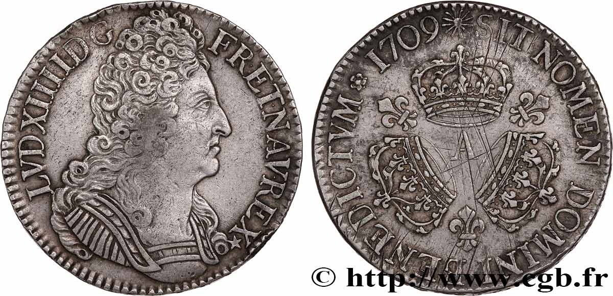 LOUIS XIV  THE SUN KING  Écu aux trois couronnes 1709 Paris q.BB/BB