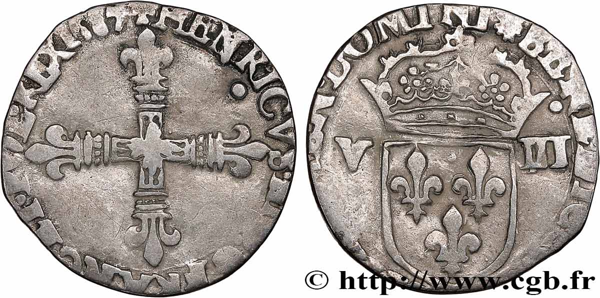 HENRI III Huitième d écu, croix de face 1587 Nantes TB+
