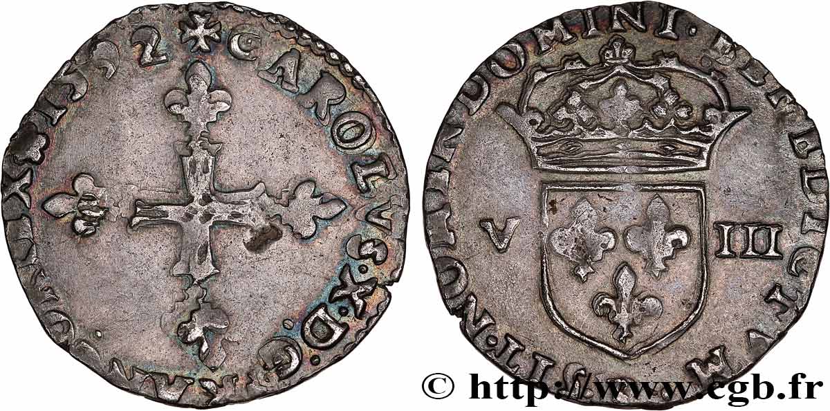 CHARLES X, CARDINAL DE BOURBON Huitième d écu, croix de face 1592 Rouen TB+