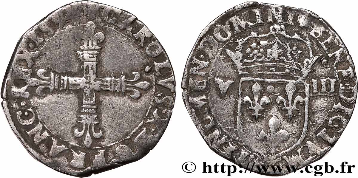 CHARLES X, CARDINAL DE BOURBON Huitième d écu, croix de face 1594 Nantes TB+