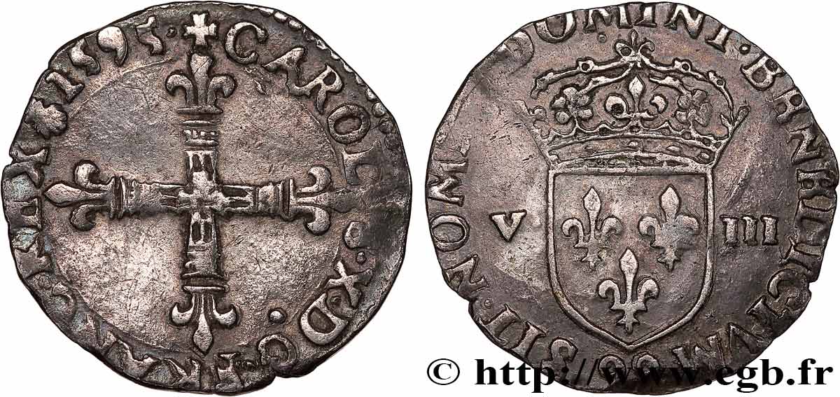 CHARLES X, CARDINAL DE BOURBON Huitième d écu, croix de face 1595 Dinan TTB