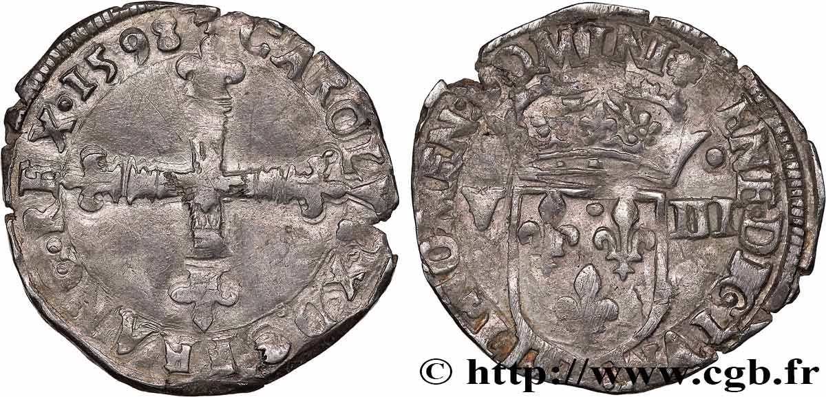 CHARLES X, CARDINAL DE BOURBON Huitième d écu, croix de face 1598 Nantes TB+