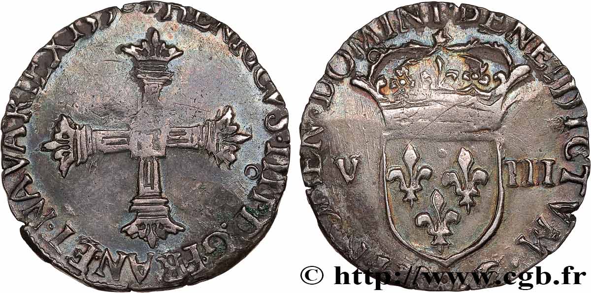 HENRI IV LE GRAND Huitième d écu, croix couronnée de face 1590 Rennes TB+