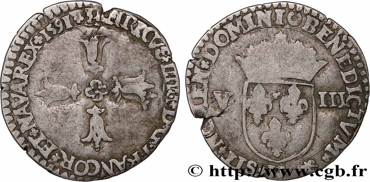 HENRI IV LE GRAND Huitième d écu, croix feuillue de face 1591 La Rochelle TB+