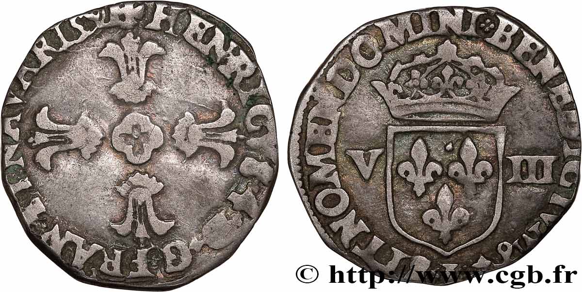 HENRI IV LE GRAND Huitième d écu, croix feuillue de face 1591 Bayonne TB+